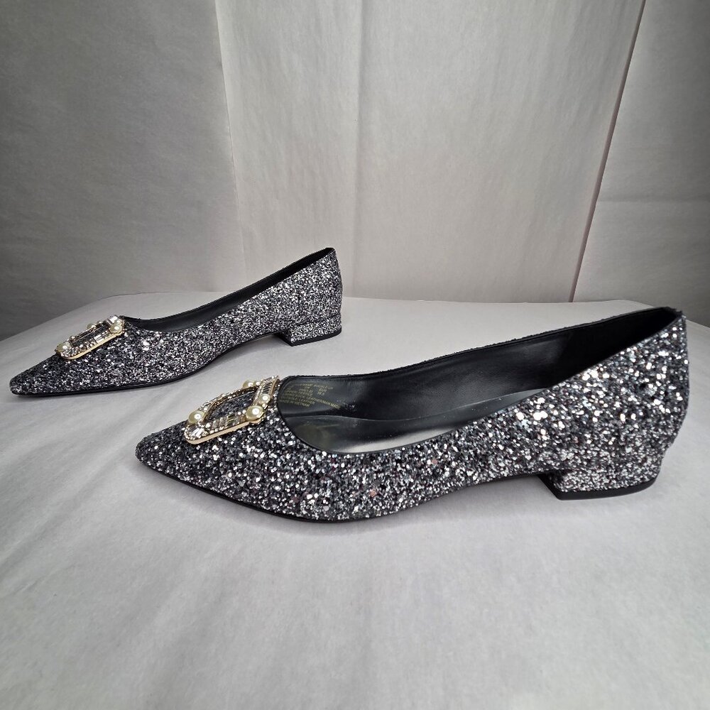 Kate Spade Buckle Up Glitter Flats - Black Silver, Size: 8 B - Picture 2 of 7
